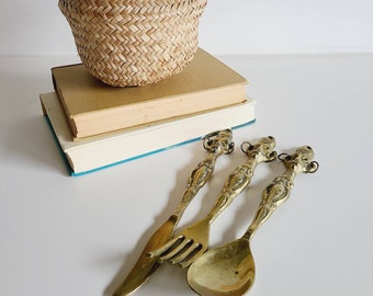 Vintage brass serving utensils | brass serving spoons | tiki heads | Polynesian style |