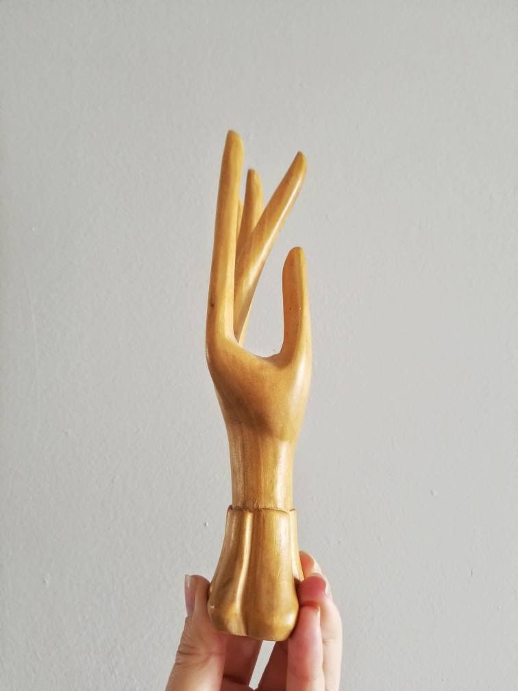 Vintage wood hand carved hand ring holder shelf decor hand