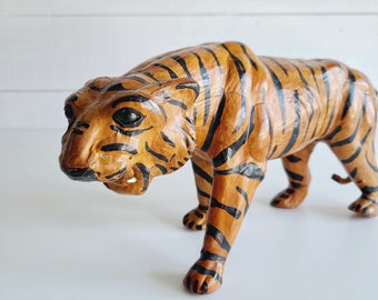 Vintage leather wrapped Bengal tiger | animal figurine statue |