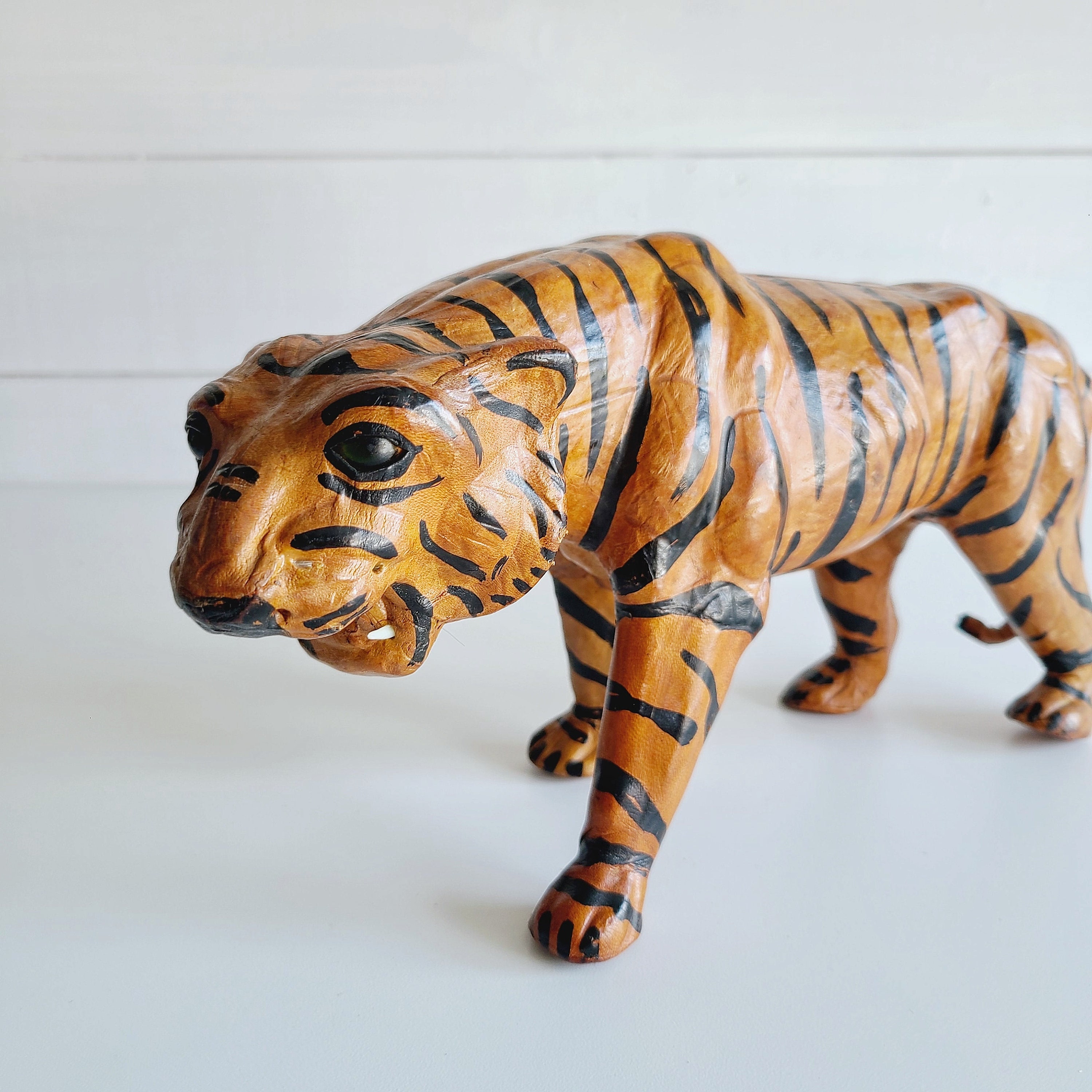 Large Vintage Leather Tiger Statue 15 Long 9 1/2 