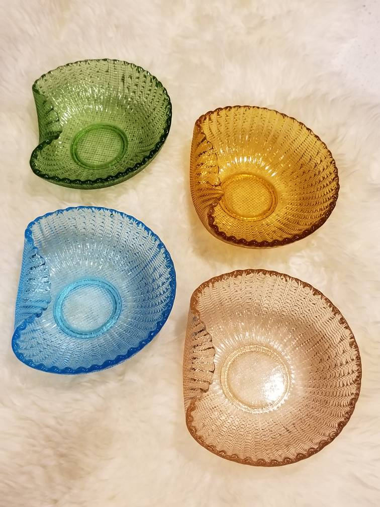 Vintage glass bowls. Assorted colored dishes. Victorian style glassware