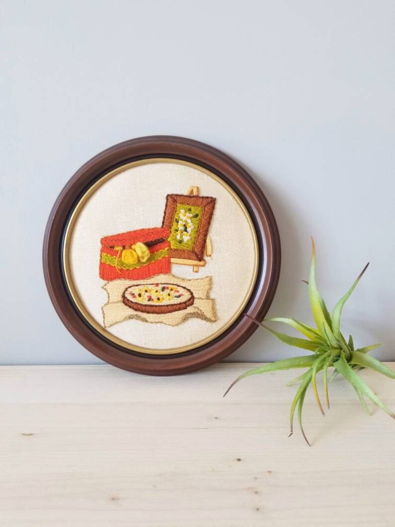 Vintage framed crewel art from the seventies kitschy fiber artwork