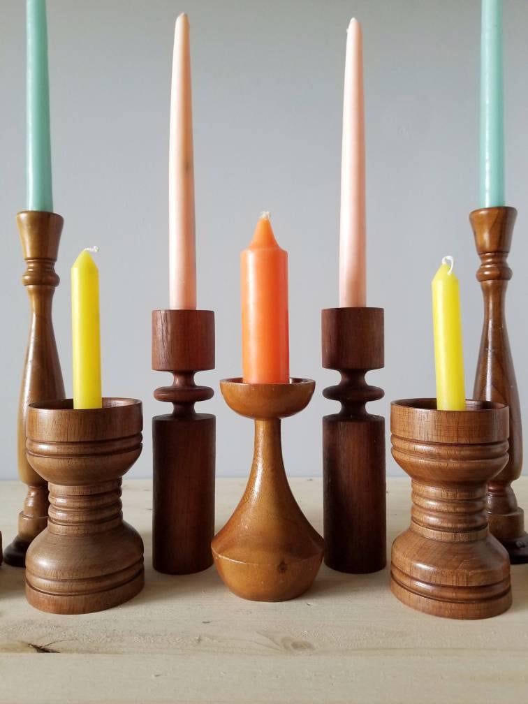 Wooden candlestick holder set of 9 mid century modern candle holders