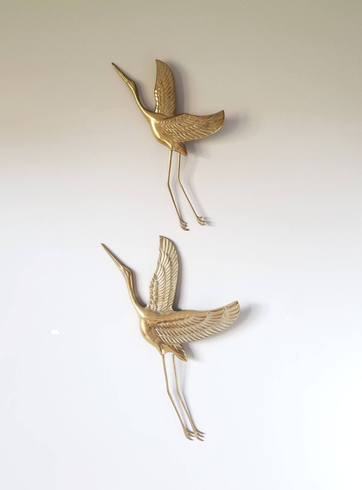Vintage pair of brass cranes wall hangings birds wall decor mid