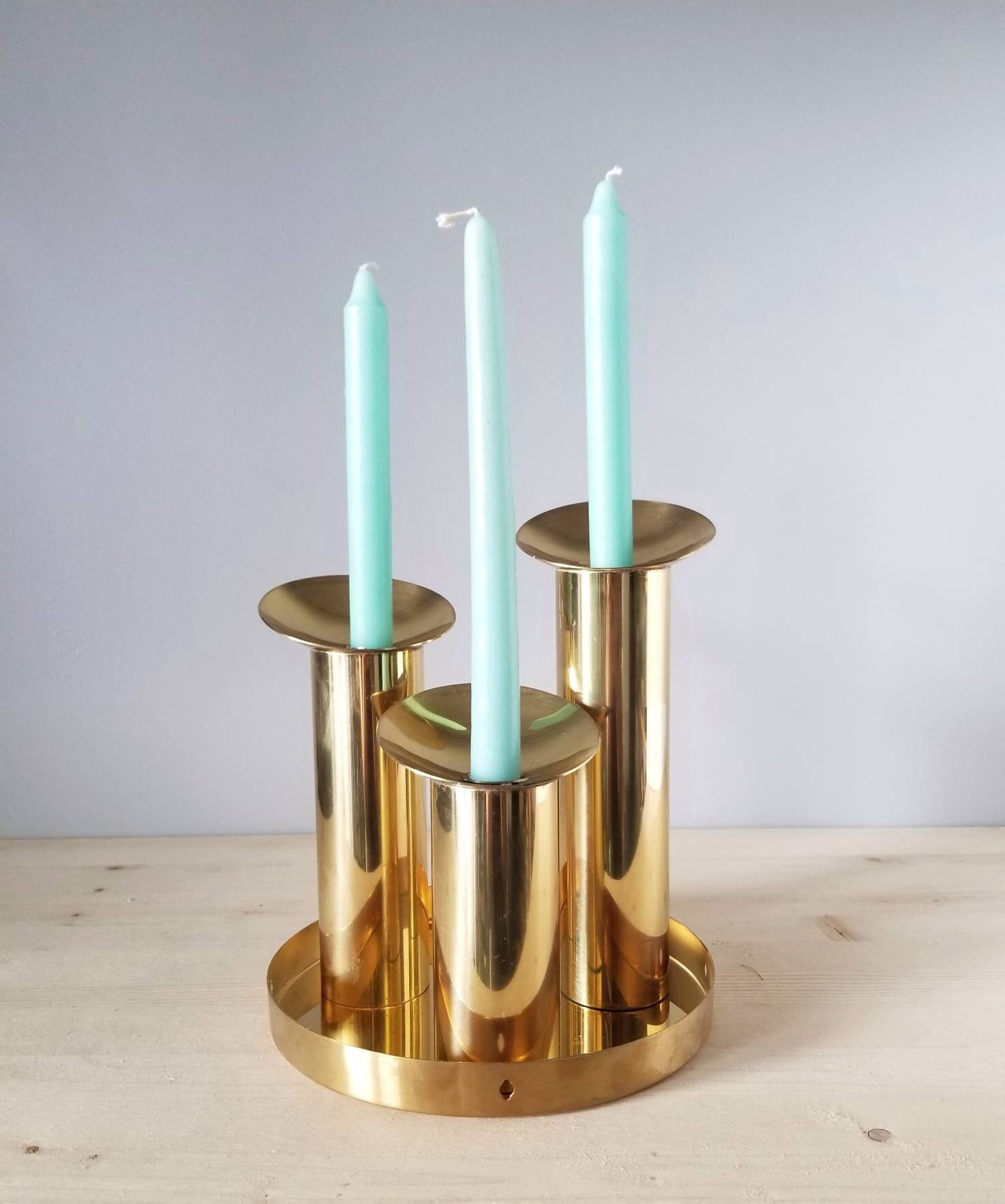 Vintage Danish brass candle holders set of 3 with tray mid century