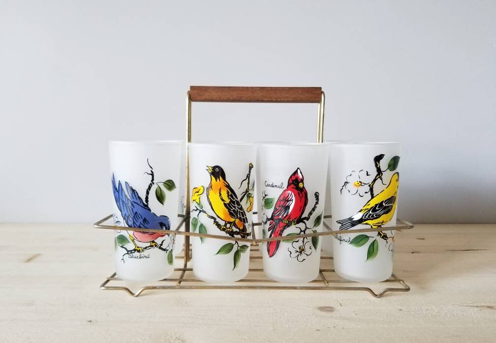 Vintage Hazel Atlas bird glasses frosted set of eight mid century Tom Collins glasses with holder