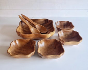 Vintage wood salad bowl set | carved wooden bowls | monkey pod wood | bohemian home | kitchen and dining | holiday entertaining |