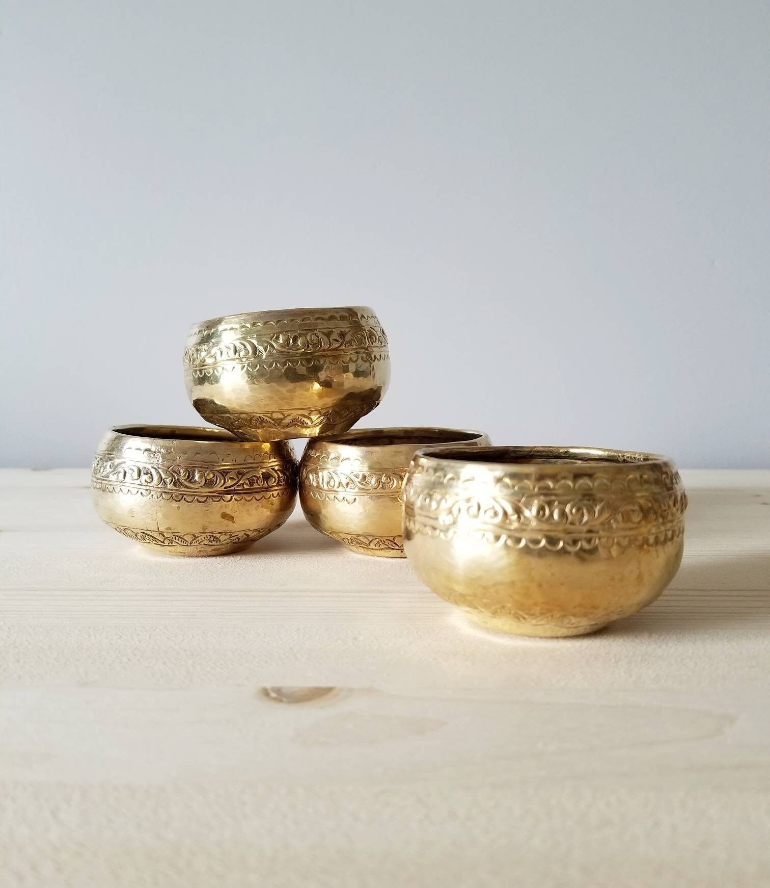 Vintage brass bowls set of four etched brass incense bowls plant