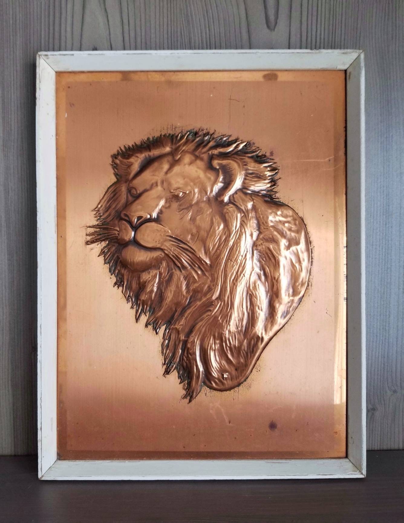 Vintage copper lion art hammered metal art jungle hammered copper
