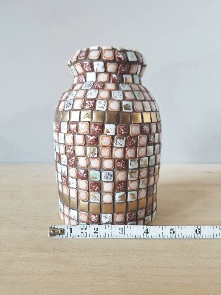 Vintage mosaic tile vase mid century flower vase gold pink brown tile