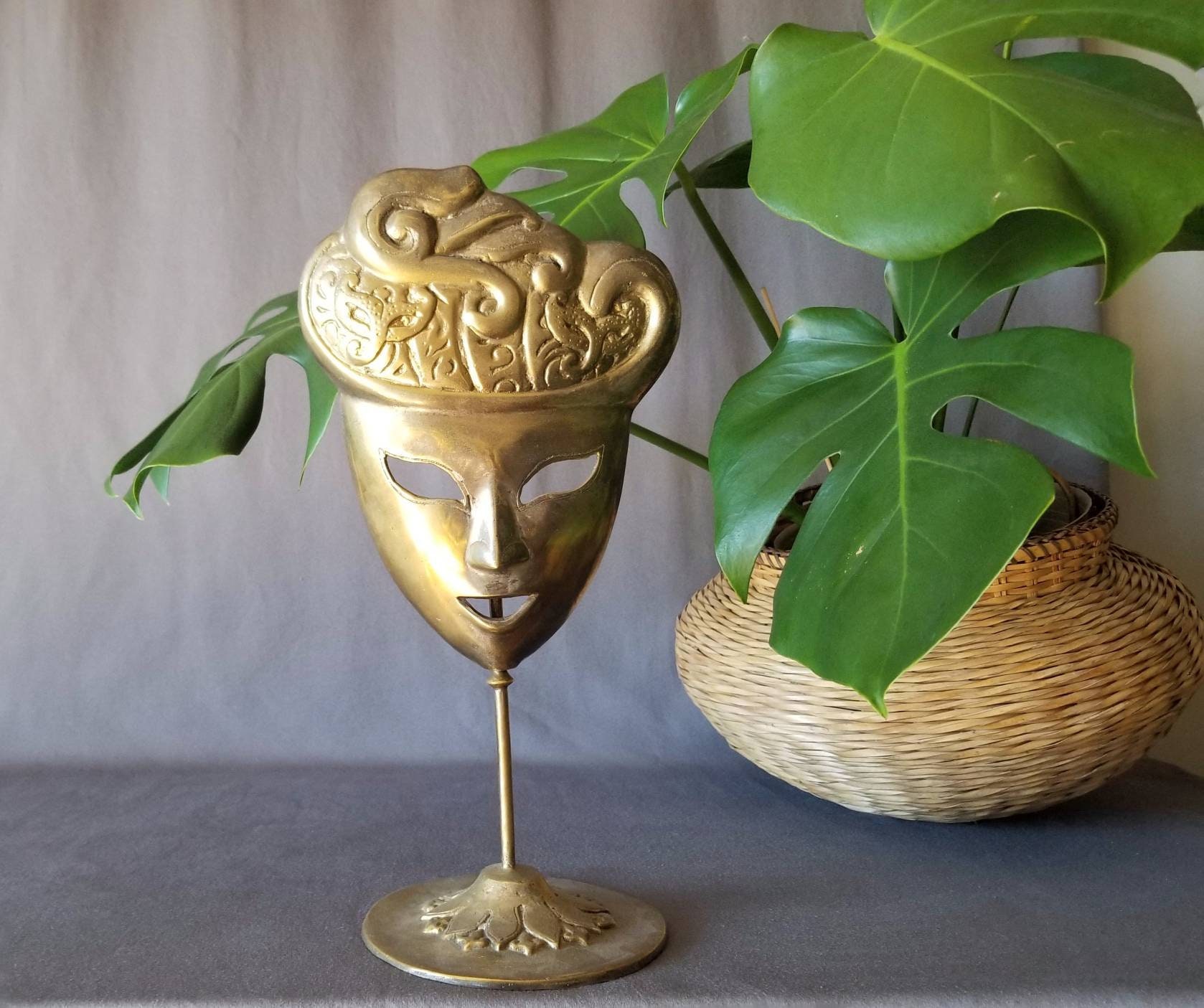 Vintage brass mask with stand bohemian decor shelf decor theatre mask