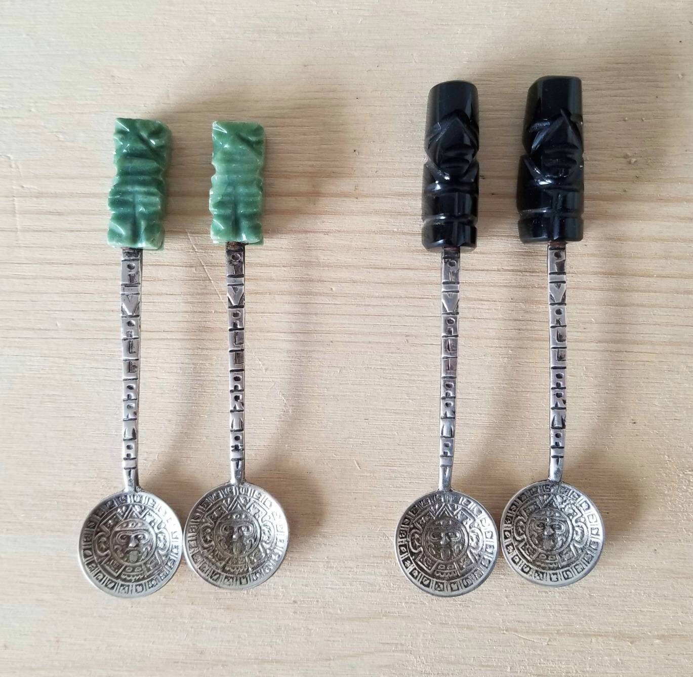 Vintage Mexican silver souvenir spoons with onyx Aztec handles