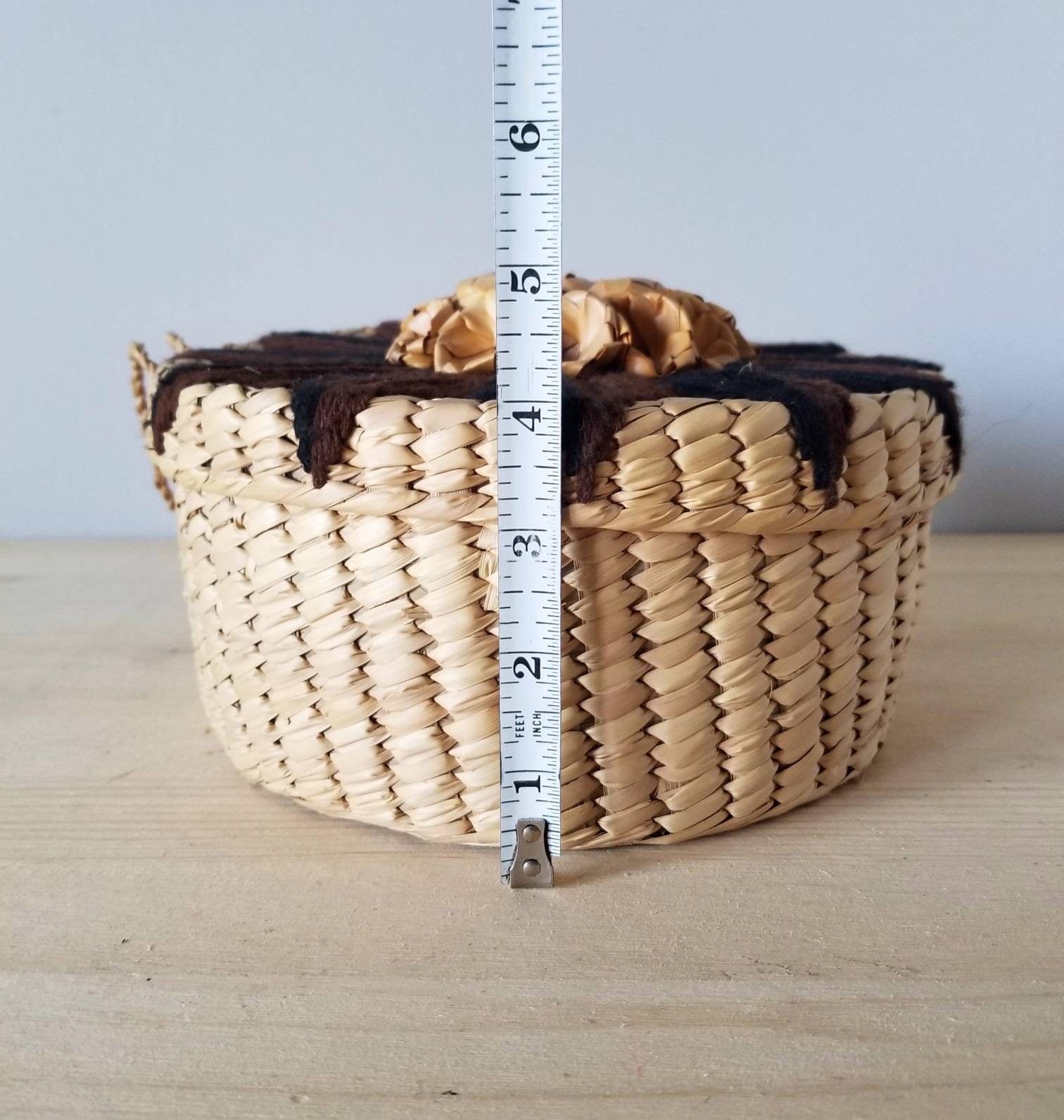 Vintage hand woven basket with lid and yarn detail decorative straw