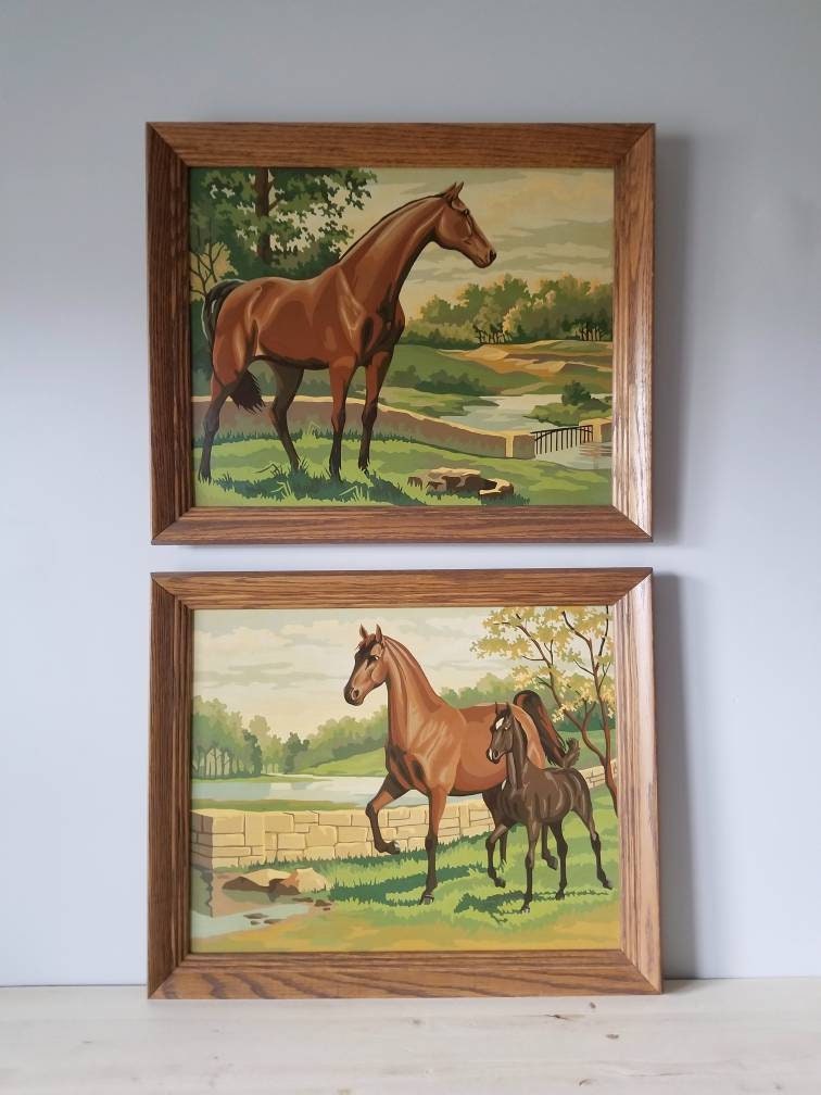 Vintage paint by numbers framed horse painting