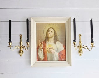Vintage framed Sacred Heart of Jesus print | religious decor | Christ |