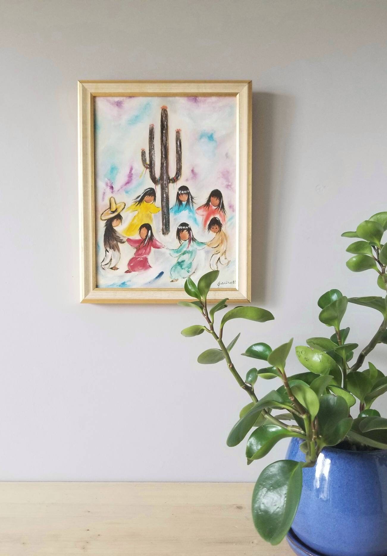 Vintage framed painting of children dancing around a cactus framed
