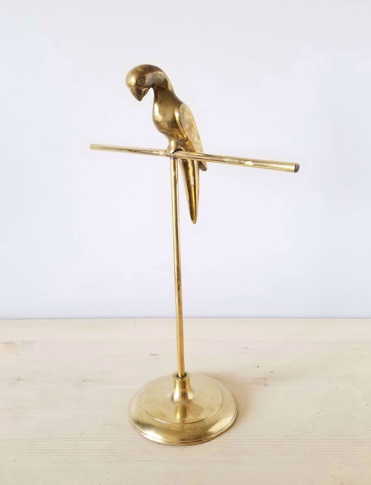 Vintage brass parrot on a perch brass shelf decor jewelry holder
