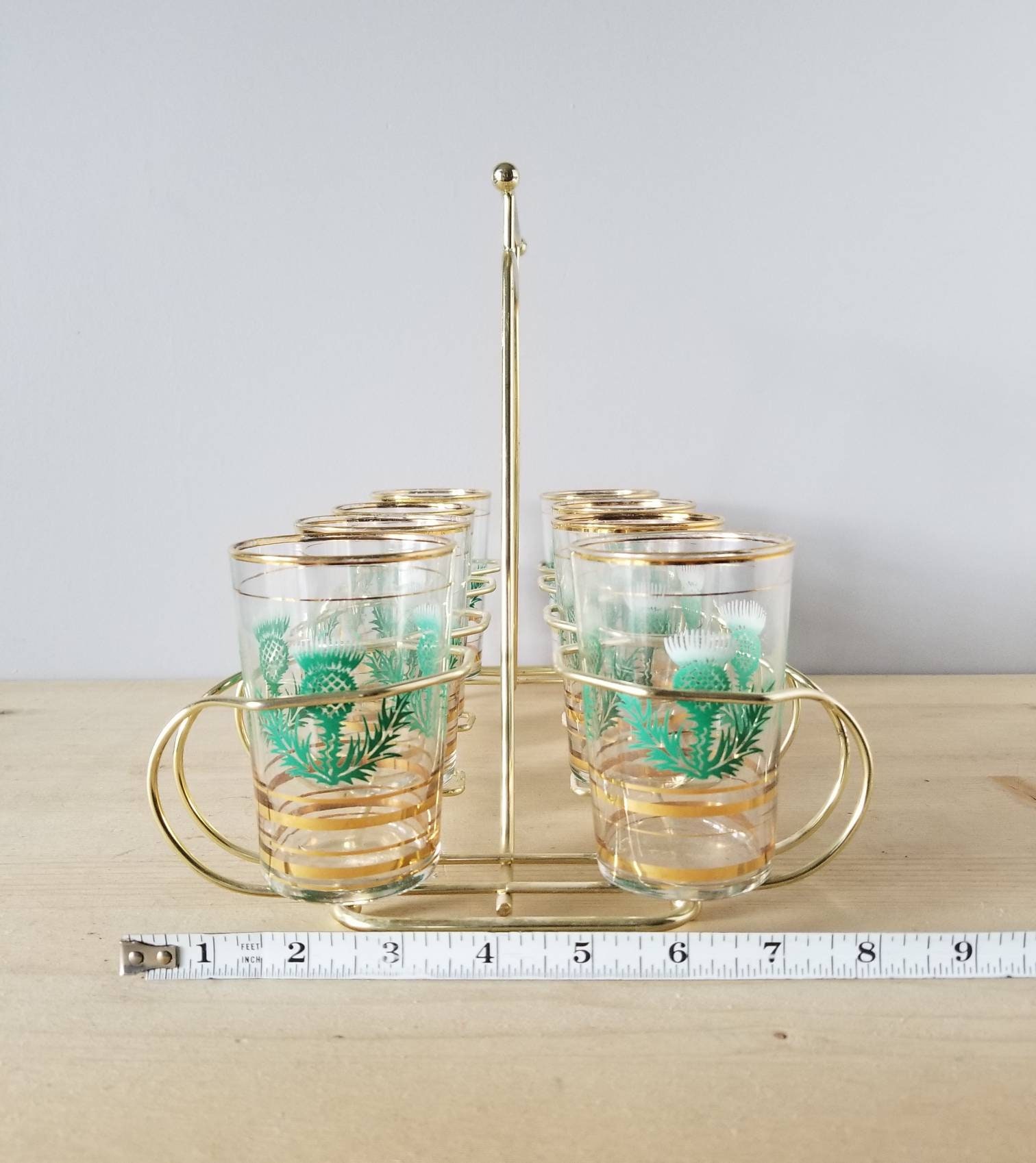 Vintage thistle glasses in caddy set of eight cocktail glassware