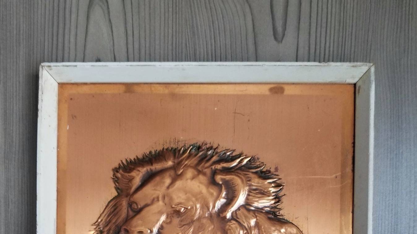 Vintage copper lion art hammered metal art jungle hammered copper