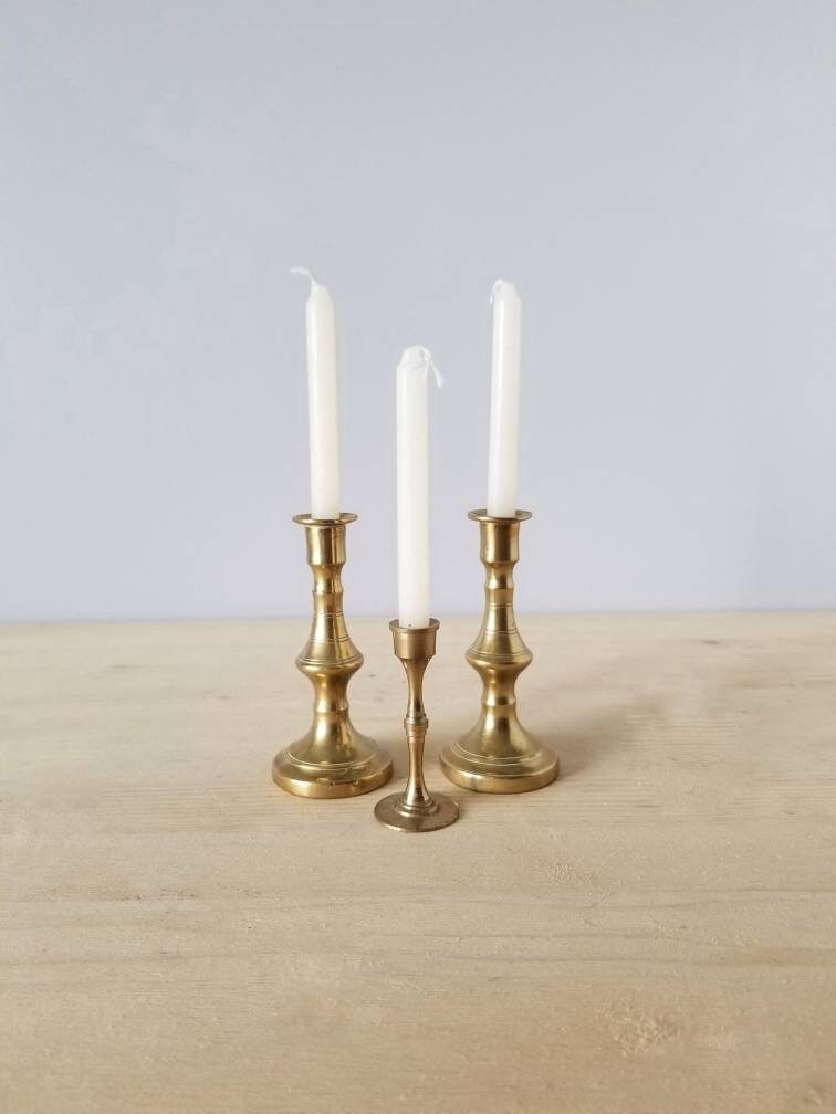 Vintage brass miniature candlestick holders set of 3 Bohemian home