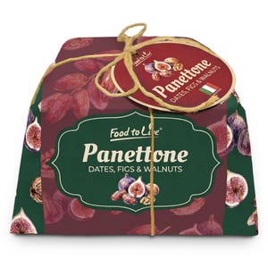 May include: A packaged Panettone with dates, figs, and walnuts, wrapped in dark green and maroon paper featuring illustrations of the ingredients. A round tag tied with twine displays the text Food to Live Panettone Dates, Figs & Walnuts.