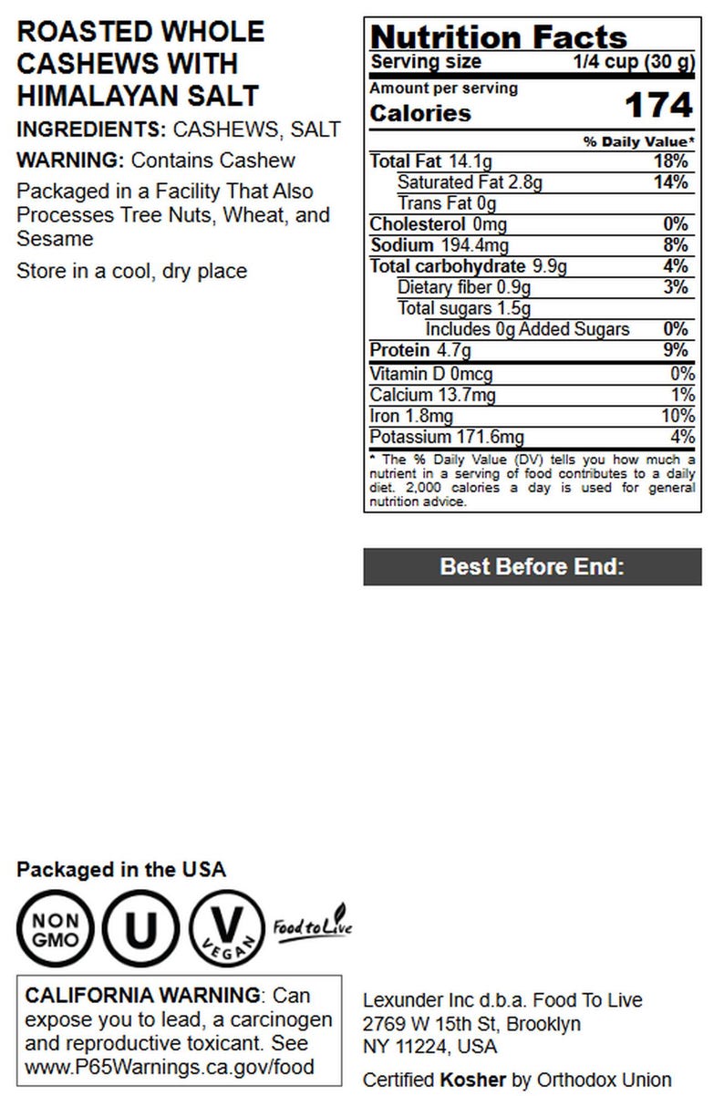 Dry Roasted Whole Cashews with Himalayan Salt — Oven Roasted Lightly Salted Fancy Cashew Nuts, No Oil Added, Vegan, Kosher, Non-GMO Verified bild 2