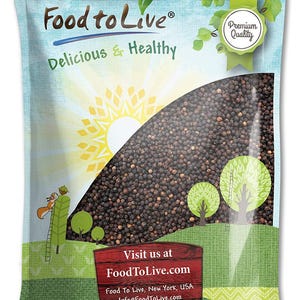 May include: A bag of Food to Live brand black peppercorns. The packaging features a nature-themed design with a sun, trees, and a squirrel. The text on the bag reads "Delicious & Healthy" and "Visit us at FoodToLive.com".
