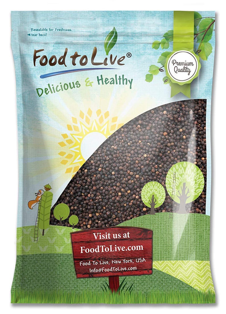 May include: A bag of Food to Live brand black peppercorns. The packaging features a nature-themed design with a sun, trees, and a squirrel. The text on the bag reads "Delicious & Healthy" and "Visit us at FoodToLive.com".