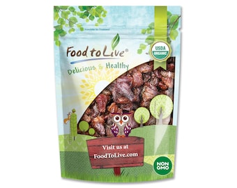 May include: A stand-up pouch of dried dark red fruit pieces with a clear window. The packaging features a green forest illustration, an owl graphic, and the text Food to Live, Delicious & Healthy, USDA Organic, Non GMO, and Visit us at FoodToLive.com.