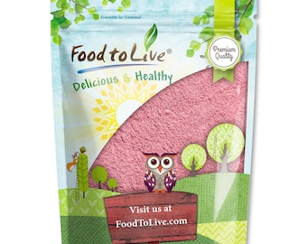May include: A resealable pouch containing pink powder, featuring the Food to Live brand logo, the text Delicious & Healthy, and a graphic of an owl on a wooden sign with the website FoodToLive.com printed on it, set against a forest background.