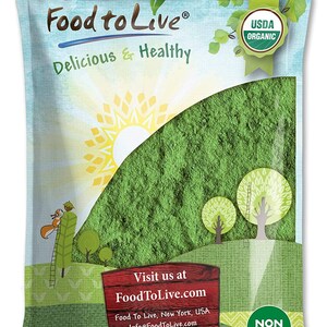 May include: A sealed bag of green powder with the Food to Live logo and the words "Delicious & Healthy." The bag features a landscape illustration with trees, a sun, and the text "USDA Organic" and "Non GMO."