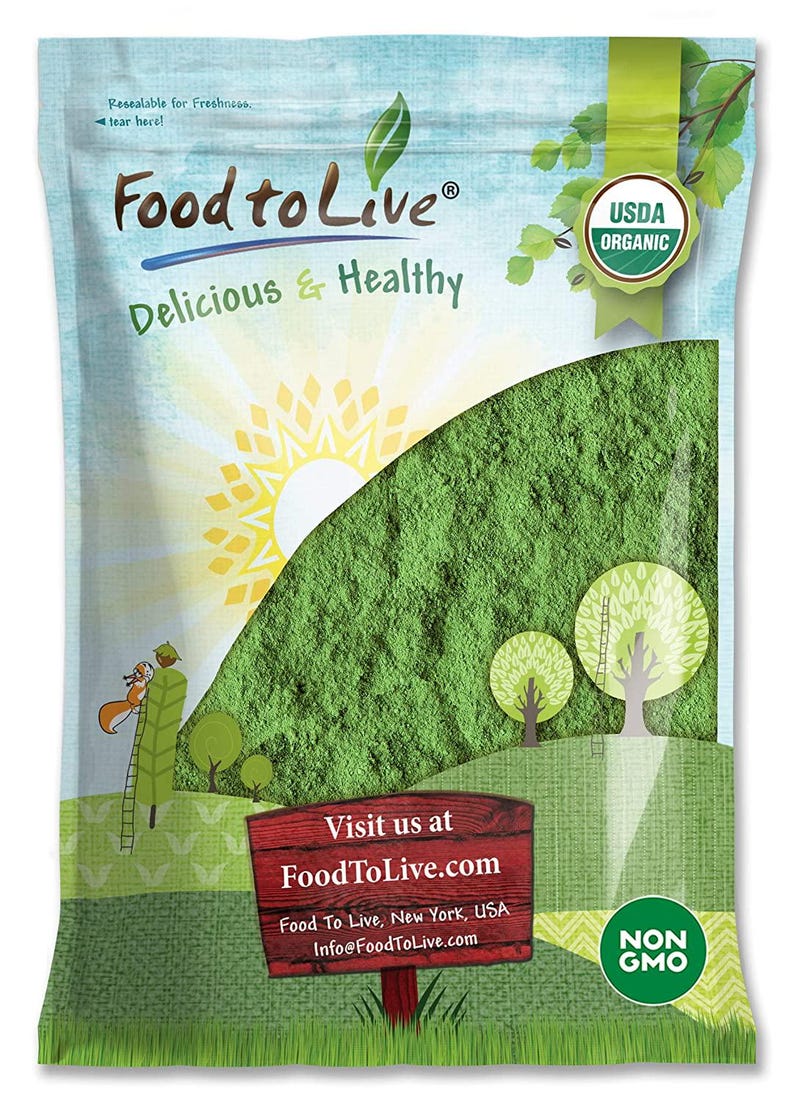 May include: A sealed bag of green powder with the Food to Live logo and the words "Delicious & Healthy." The bag features a landscape illustration with trees, a sun, and the text "USDA Organic" and "Non GMO."