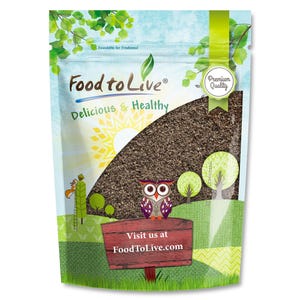 May include: A sealed bag of Food to Live product. The bag features a colorful design with an owl, trees, and the text "Food to Live." The bag contains a dark, granular substance. The text "Delicious & Healthy" is also visible.