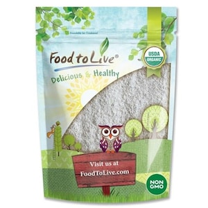 May include: A package of Food to Live brand product. The bag features a light blue background with green accents and a cartoon owl. The text "Delicious & Healthy" is displayed, along with the USDA Organic seal and a "Non GMO" label.