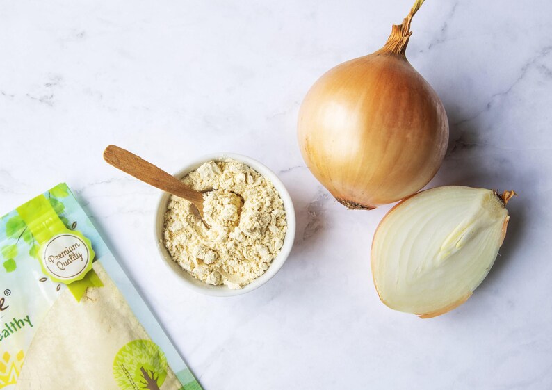 Cebolla en polvo – Cebollas secas finamente molidas, puras, veganas, a granel. Rico sabor a cebolla. Alto contenido en vitamina C y fibra dietética. imagen 6