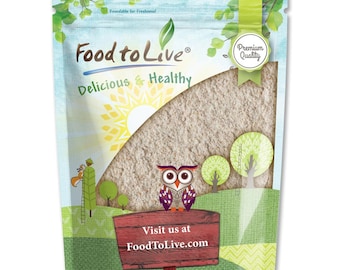 May include: A resealable pouch containing beige powder, featuring the Food to Live logo, the text Delicious & Healthy, and a Premium Quality seal. The packaging displays a cartoon owl, a wooden sign with the text Visit us at FoodToLive.com.