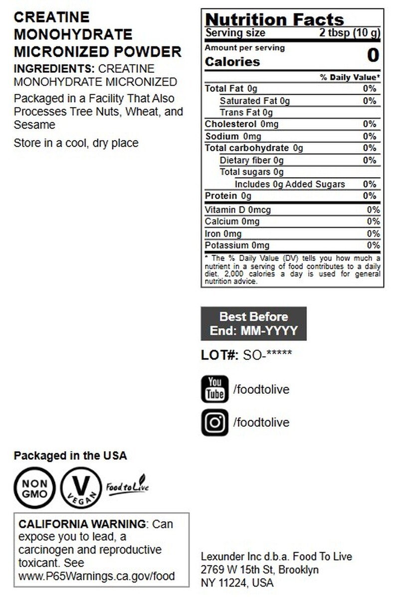 Creatine Monohydrate Micronized Powder–Micronized,Unflavored, Muscle Growth and Recovery, Keto, Vegan, Non-GMO, Bulk–by Food to Live image 3