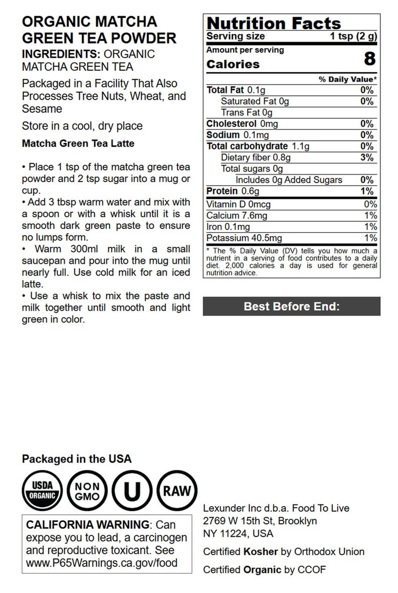 May include: A product label for organic matcha green tea powder. The label includes ingredients, nutritional information, and preparation instructions for a matcha green tea latte. The product is packaged in the USA.