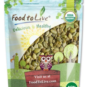May include: A resealable bag of Food to Live organic pumpkin seeds. The bag features a cartoon owl, trees, and the text "Delicious & Healthy." The bag also has a USDA Organic and Non-GMO seal.