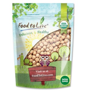 May include: A stand-up pouch containing beige chickpeas, featuring a clear window and a label with the text Food to Live, Delicious & Healthy, USDA Organic, Non GMO, and Visit us at FoodToLive.com, decorated with an owl and tree graphics.