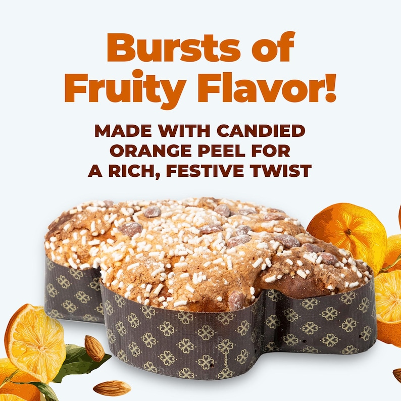 Op de afbeelding: Een close-up van een gebakken cake met een lichtbruine korst, gegarneerd met witte hagelslag en amandelen. De cake zit in een decoratieve papieren vorm. De afbeelding bevat de tekst "Bursts of Fruity Flavor!" en "Made with candied orange peel for a rich, festive twist."