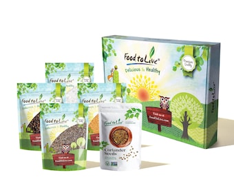 May include: A collection of Food to Live brand spices and seeds. The image shows several pouches of spices, including coriander seeds, and a decorative box with the text "Delicious & Healthy". The website address FoodToLive.com is also visible.