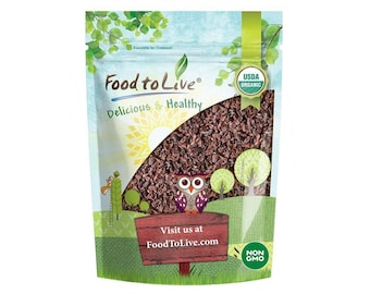 May include: A bag of USDA Organic cocoa nibs from Food to Live. The bag features a colorful illustration with an owl, trees, and the text "Delicious & Healthy." The bag also has the text "Visit us at FoodToLive.com."