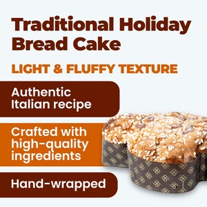 Op de afbeelding: Een traditionele vakantiebroodcake met een lichte en luchtige textuur. De cake is met de hand verpakt en gemaakt met hoogwaardige ingredi&euml;nten, gebaseerd op een authentiek Italiaans recept. De tekst "Traditional Holiday Bread Cake" is inbegrepen.