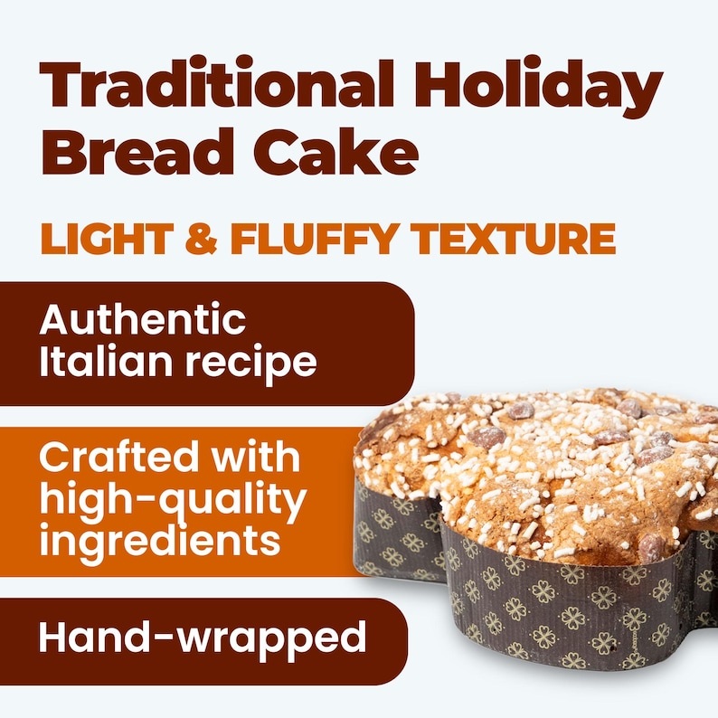 Op de afbeelding: Een traditionele vakantiebroodcake met een lichte en luchtige textuur. De cake is met de hand verpakt en gemaakt met hoogwaardige ingredi&euml;nten, gebaseerd op een authentiek Italiaans recept. De tekst "Traditional Holiday Bread Cake" is inbegrepen.