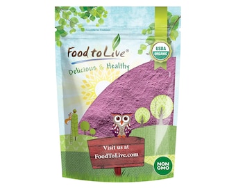 May include: A stand-up pouch containing purple powder, labeled Food to Live Delicious & Healthy. The packaging features a cartoon owl, a red wooden sign with the text Visit us at FoodToLive.com, and USDA Organic and Non GMO certification seals.