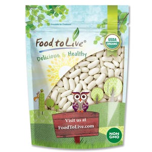 May include: A stand-up pouch of white cannellini beans with a clear window. The packaging features the text Food to Live, Delicious & Healthy, USDA Organic, Non GMO, and Visit us at FoodToLive.com, along with illustrations of an owl and trees.
