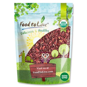May include: A resealable bag of USDA Organic hibiscus flowers from Food to Live. The bag features a colorful design with an owl, trees, and the text "Delicious & Healthy." The bag also has the text "Visit us at FoodToLive.com."