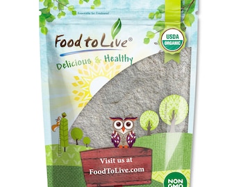 May include: A resealable pouch of Food to Live organic powder featuring a light blue sky, green trees, a squirrel, and an owl perched on a wooden sign that reads Visit us at FoodToLive.com. The bag includes USDA Organic and Non-GMO labels.