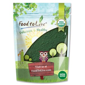 May include: A stand-up pouch containing dark green powder, featuring the Food to Live brand logo, USDA Organic and Non-GMO seals, and a cartoon owl illustration. The packaging includes the text Delicious & Healthy and Visit us at FoodToLive.com.